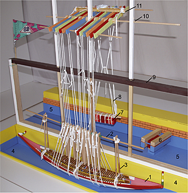 Image 3: Bark of Khufu floating in the 53-metre- long ship´s pit No.3, on the Giza sight lifting a granite megalith of 53 tons. Image 3: Bark of Khufu floating in the 53-metre- long ship´s pit No.3, on the Giza sight lifting a granite megalith of 53 tons.